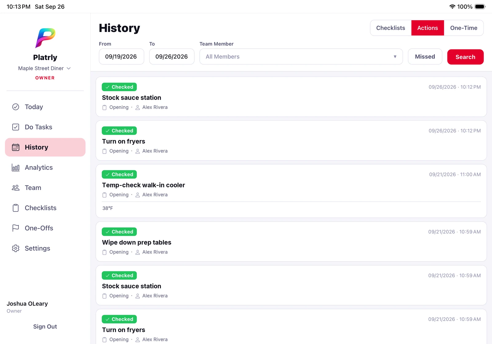 Platrly on an iPad: history of checked tasks with who completed each one and when