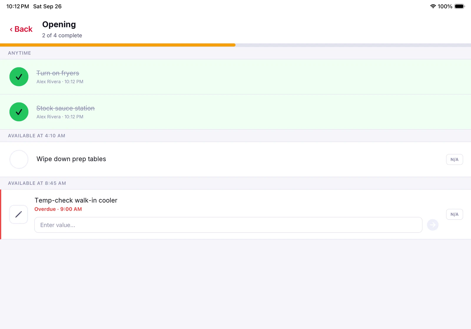 Platrly on an iPad: a checklist with completed, upcoming and overdue tasks